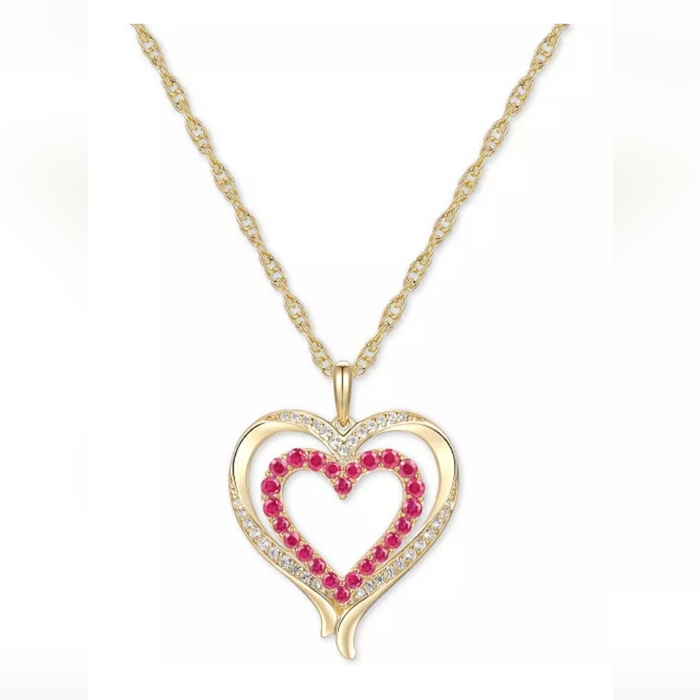 Genuine Ruby & Diamond Double Heart 18" Pendant Necklace in 14K Gold